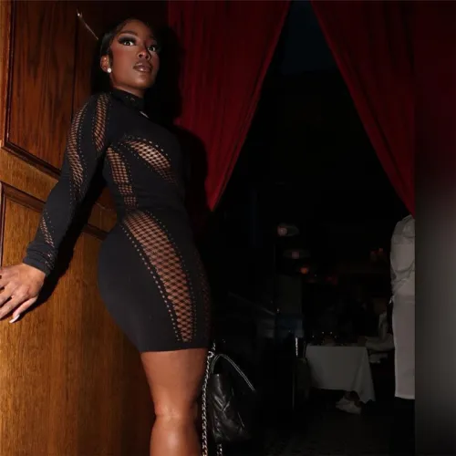 Sexy Knitted Hollow out High Neck High Waist Long Sleeve Tight Short Dress