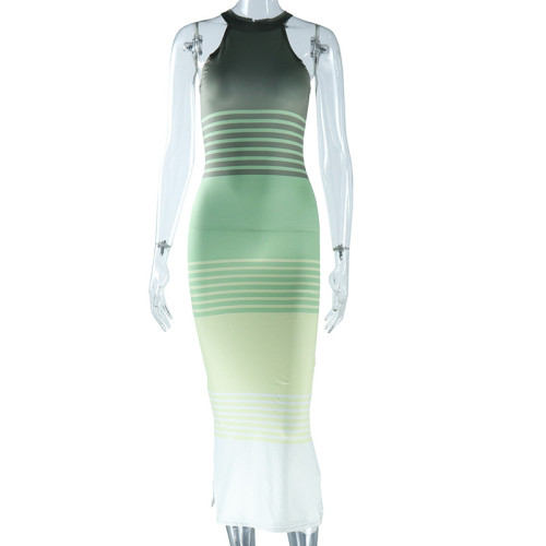 Fashionable printed gradient stripe wrap buttocks sleeveless round neck casual versatile dress