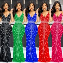 Women's solid color suspender sleeveless hot diamond backless long dress dress