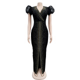 Fashion Women's Hot Diamond Bubble Sleeve Elastic V-Neck Long Dress Dress