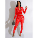 Women's solid color mesh hot diamond long sleeved pants two-piece set