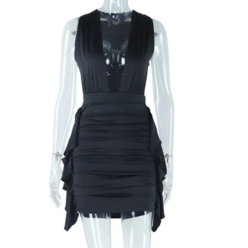 Sexy Deep V-neck Sleeveless Wrap Hip Wrap Dress Irregular Dress