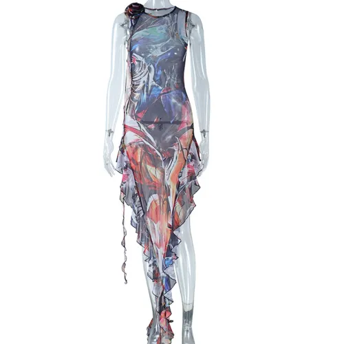 Fashion Printed Round Neck Sleeveless Irregular Wrapped Hip Dress
