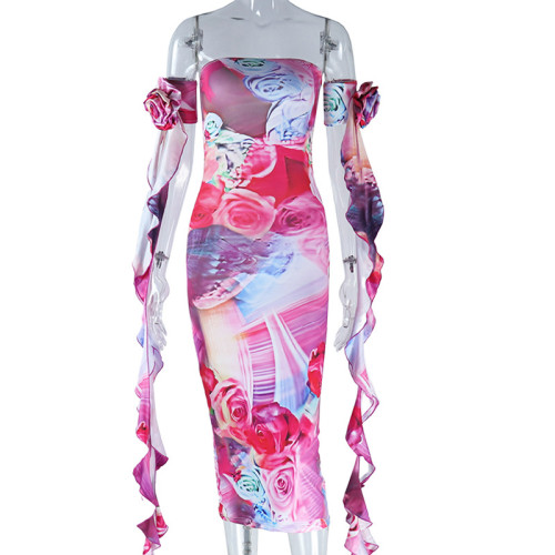 Chest wrap tight dress with floral ribbon sleeves, printed buttock wrap dress, mid length dress