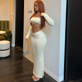 Solid sexy chest wrap square neck long sleeved navel exposed half length skirt fashion casual set