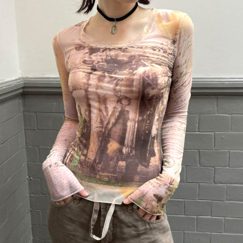 Abstract printed mesh thin long sleeved T-shirt basic slim fitting bottom top