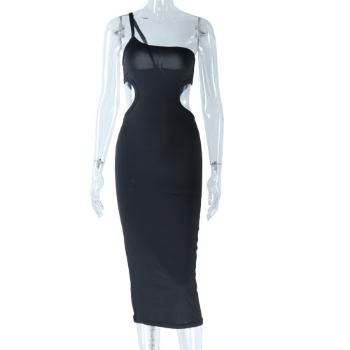 Oblique Shoulder Skinny Dress with Solid Color Pullover Head Wrap Hip Skirt Mid length Skirt