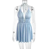 Deep V Sling Dress European and American Sexy Hanging Neck Lace Up Open Back Dress Short Dress