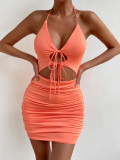 Sexy V-neck hanging neck sleeveless dress with hollowed out pleats and buttocks tied up dress