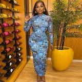 Fashion English alphabet Newspaper Print Long Sleeve Hip Wrap Dress