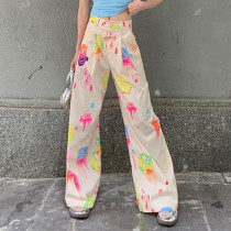 Fun Print Street Trend Spicy Girl Wide Leg Pants Summer Thin High Waist Workwear Loose Casual Pants