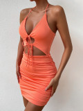 Sexy V-neck hanging neck sleeveless dress with hollowed out pleats and buttocks tied up dress