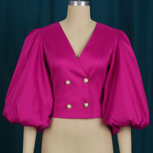 V-neck Lantern Sleeve Button Cardigan Slim Fit Short Rose Party Women's Shirt Top