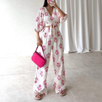 V-neck temperament printed bubble sleeve top and pants women's two-piece set