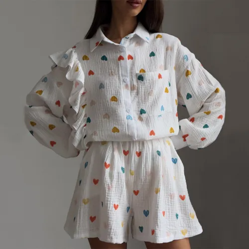 Ruffle Heart Printed Shirt Wide Leg Shorts Casual Set