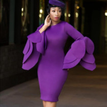 Temperament Style Dress Personalized Petal Sleeve Round Neck Waist Wrapped One Step Dress