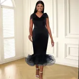 V-neck Sleeveless Bow Dress Designer Mesh Dress
