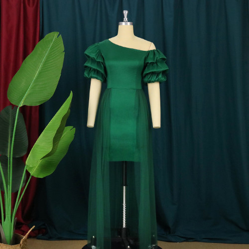 Oblique Shoulder High Waist Perspective Mesh Fishtail Dress Party Banquet Dress Women's Dress