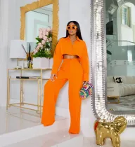 Simple solid color short shirt wide leg pants casual set