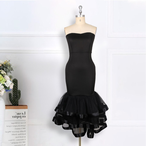 Sexy strapless perspective gauze wrap buttocks skirt style Cocktail dress large women's dress
