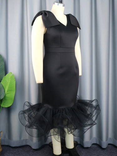 V-neck Sleeveless Bow Dress Designer Mesh Dress