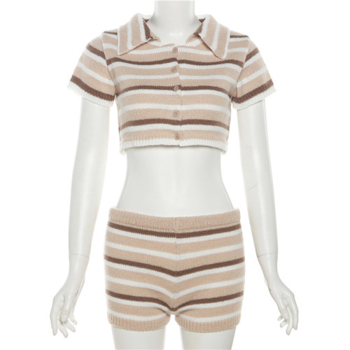 Women's casual knitted striped contrast cardigan top with high waist and buttocks set