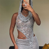 Sexy Hollow out Knitted Sequin Top High Waist Wrap Hip Short Skirt Set