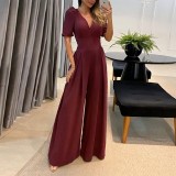 Casual V-neck lace up high waisted bubble short sleeved wide leg jumpsuit