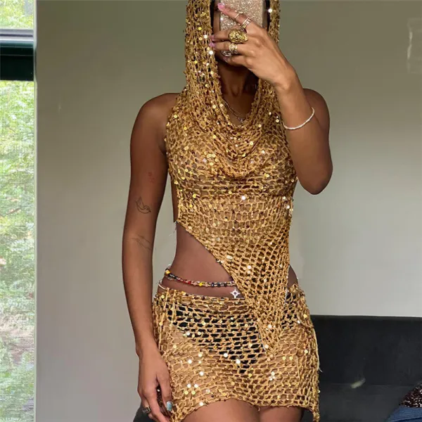 Sexy Hollow out Knitted Sequin Top High Waist Wrap Hip Short Skirt Set