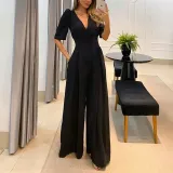Casual V-neck lace up high waisted bubble short sleeved wide leg jumpsuit