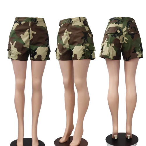Women's camouflage printed patch pocket patchwork shorts