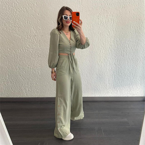 V-neck open waist strap top loose wide leg pants casual two-piece set