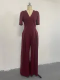 Casual V-neck lace up high waisted bubble short sleeved wide leg jumpsuit