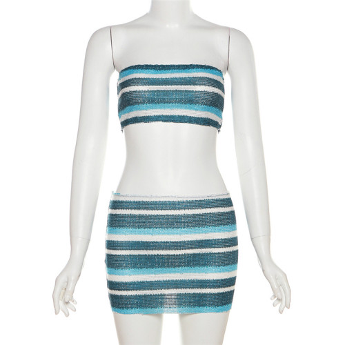 Fashion Knitted Stripe Bra Top High Waist Wrap Hip Tight Short Skirt Set