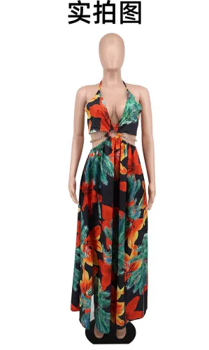Women's floral dress dress large slightly fat medium long Slip dress French printed dress
