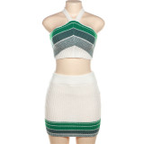 Fashion Jacquard Knitted Contrast Neck Hanging High Waist Slim Fit Short Skirt Set