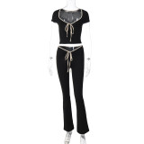 Fashion Square Neck Open Umbilical T-shirt Top Lace up Tight Micro Flap Pants Two Piece Set