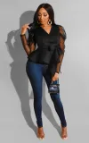 Women's patchwork ruffle sexy V-neck solid color top