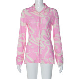 Women's personalized printed POLO collar cardigan with buckle and light mesh waist fitting shirt