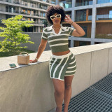 Polo neck short sleeved striped color matching knitted short slim fitting buttocks skirt set