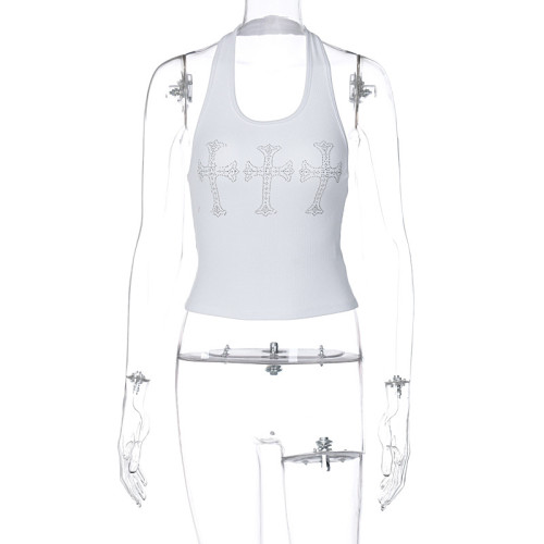 Personalized hot diamond U-neck hanging neck open back sleeveless slim fitting vest