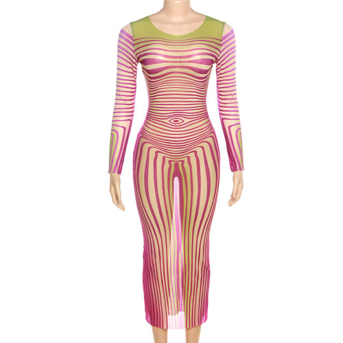 Round Neck Pullover Stripe Mesh Print Perspective Sexy Slim Fit Wrap Hip Dress
