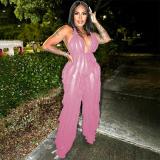 Fashion Wave Pattern Sexy Wrap Chest Strap Solid Color Long Casual Jumpsuit