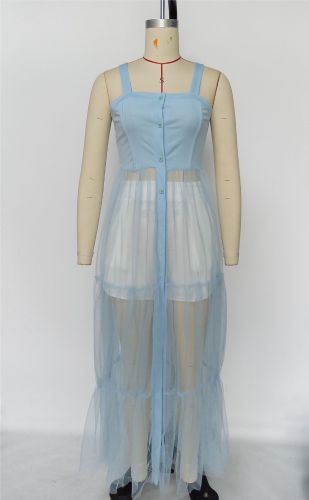 Hanger adjustable buckle single breasted cardigan mesh patchwork dress