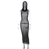 Sleeveless Hooded Long Dress Sexy Mesh Perspective Dress