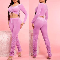 Fashion pile up pants set with V-neck pleated long style exposed navel short top and pants two-piece set