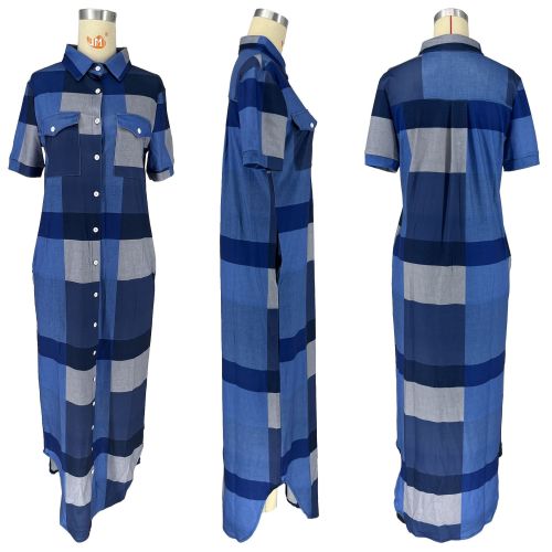Women's contrasting color plaid split button loose shirt with lapel and large swing dress