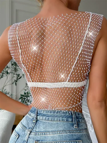 Pullover Hollow Small Slim Fit Hanging Neck Waist Solid Square Neck Fishing Net Shirt