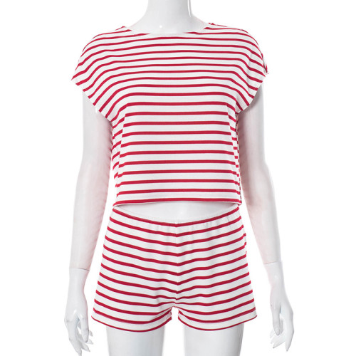 Fashion Knitted Stripe Short Sleeve Top High Waist Shorts Set