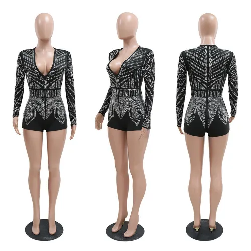 Sexy deep V-neck perspective polyester mesh long sleeved patchwork straight denim slim fitting jumpsuit